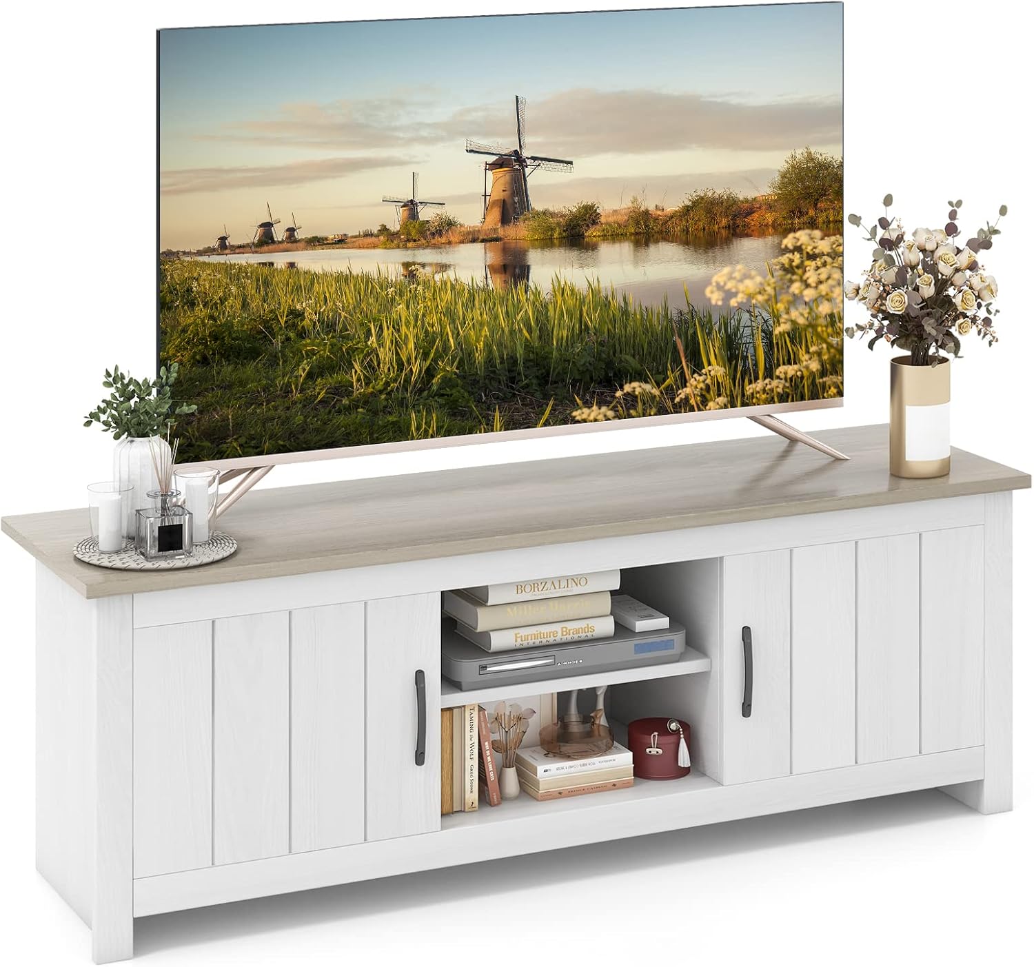 COSTWAY TV Schrank, Lowboard mit 2 Türen und offenen Regalen, TV Ständer für Fernseher bis 65 Zoll, Fernsehtisch, Fernsehschrank für Wohnzimmer, Schlafzimmer, 145 x 40 x 50 cm (Weiß + Grau)