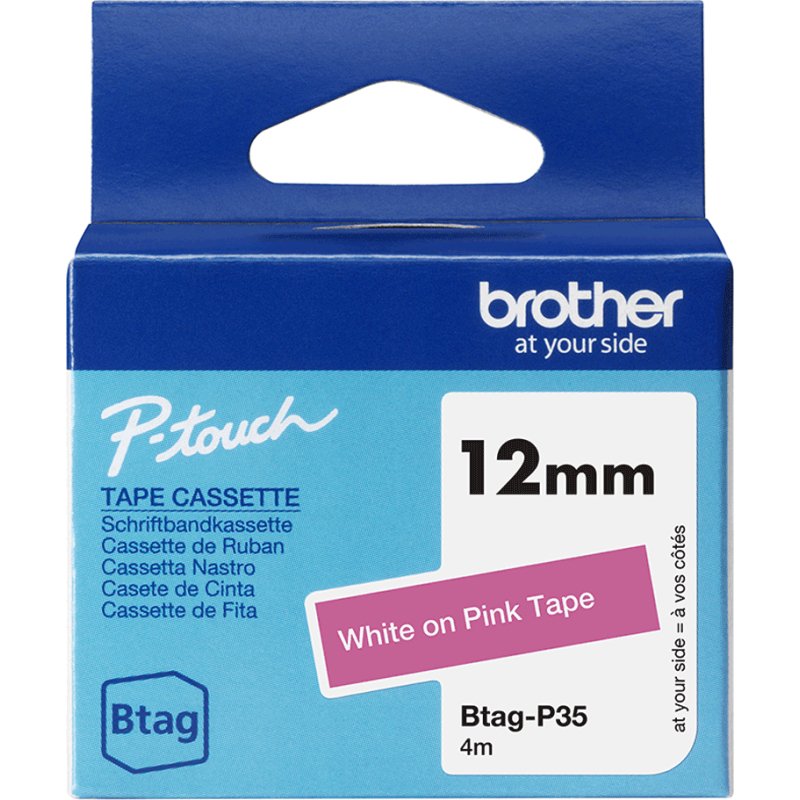 Brother BTAG-P35 – Ruban adhésif Brotherblanc sur rose, 12 mm de large, non laminé