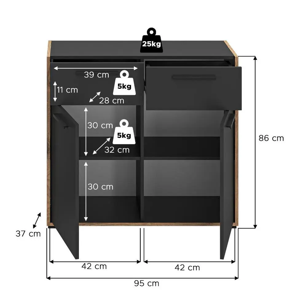 Hioshop Bueno kommode 2 deuren- 2 lades donkergrijs