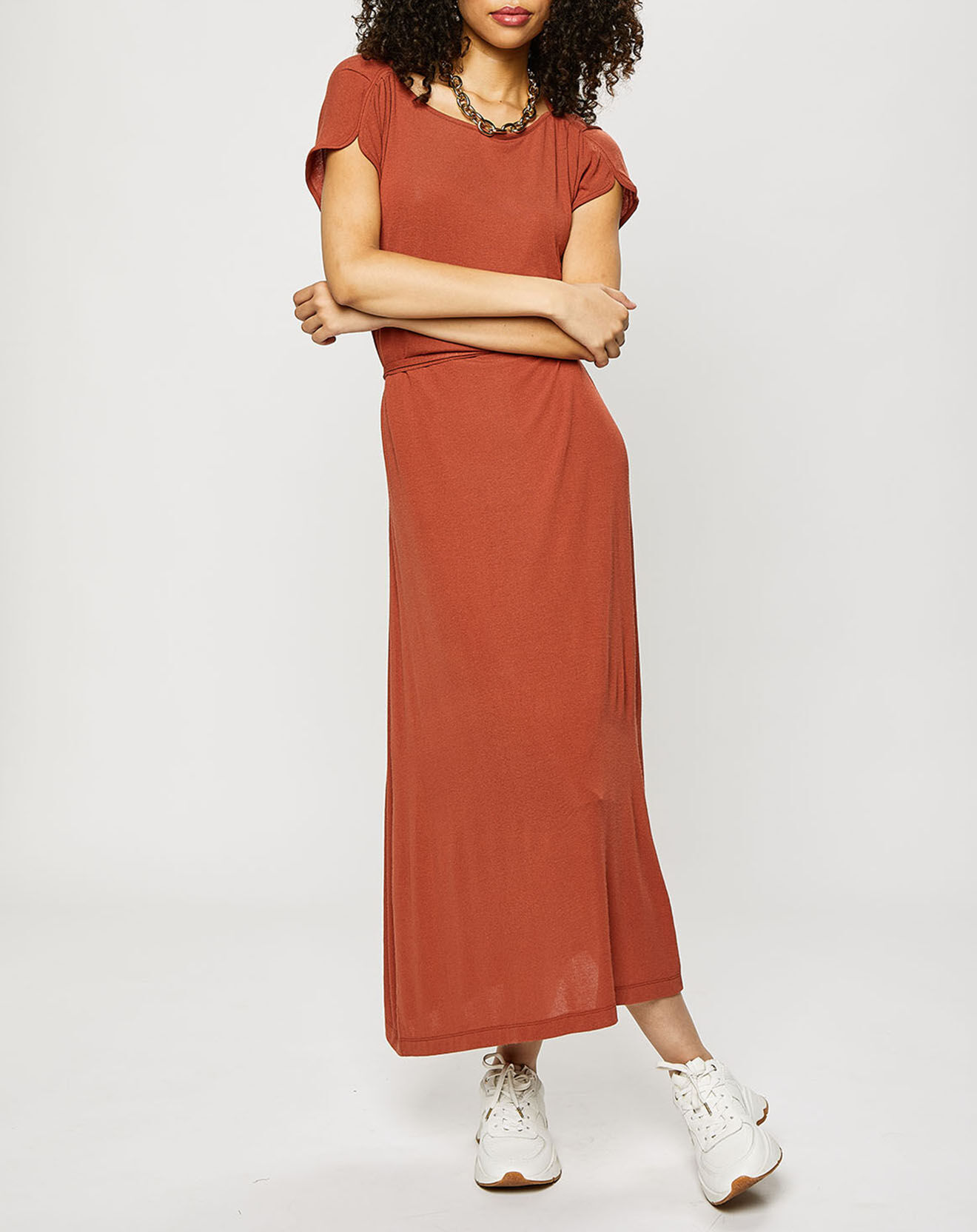 Esprit Robe longue en Maille fine ceinturée orange brique