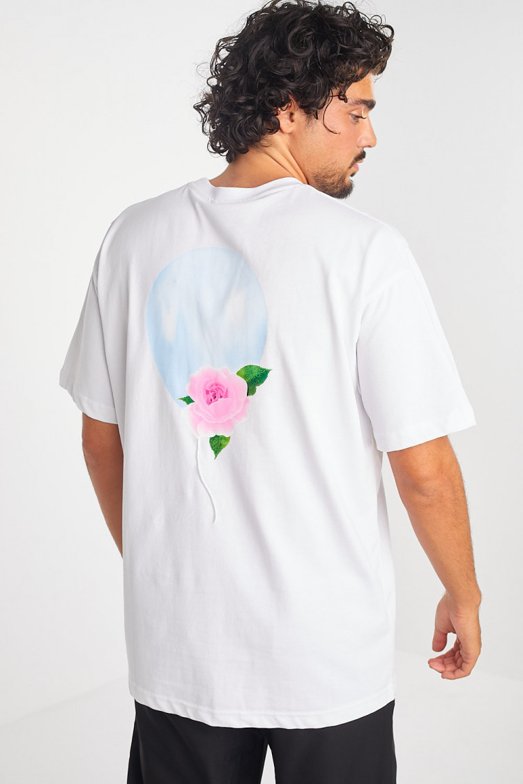 T-shirt blanc à motif ballon et fleur