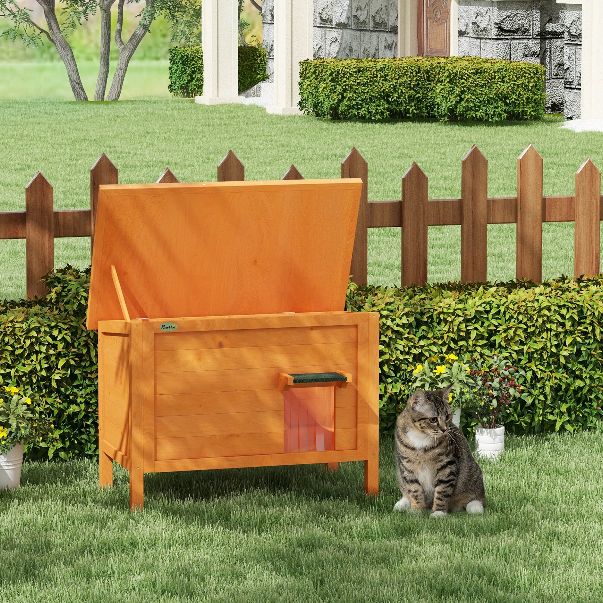 PawHut Katzenhütte mit Dach und Katzenklappe orange 85L x 50B x 68,5H cm