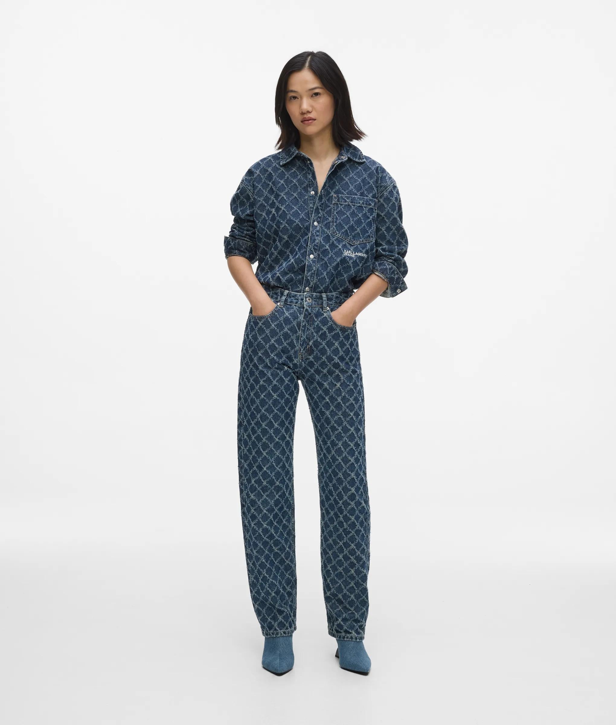 High-rise straight jeans met ruitjesprint