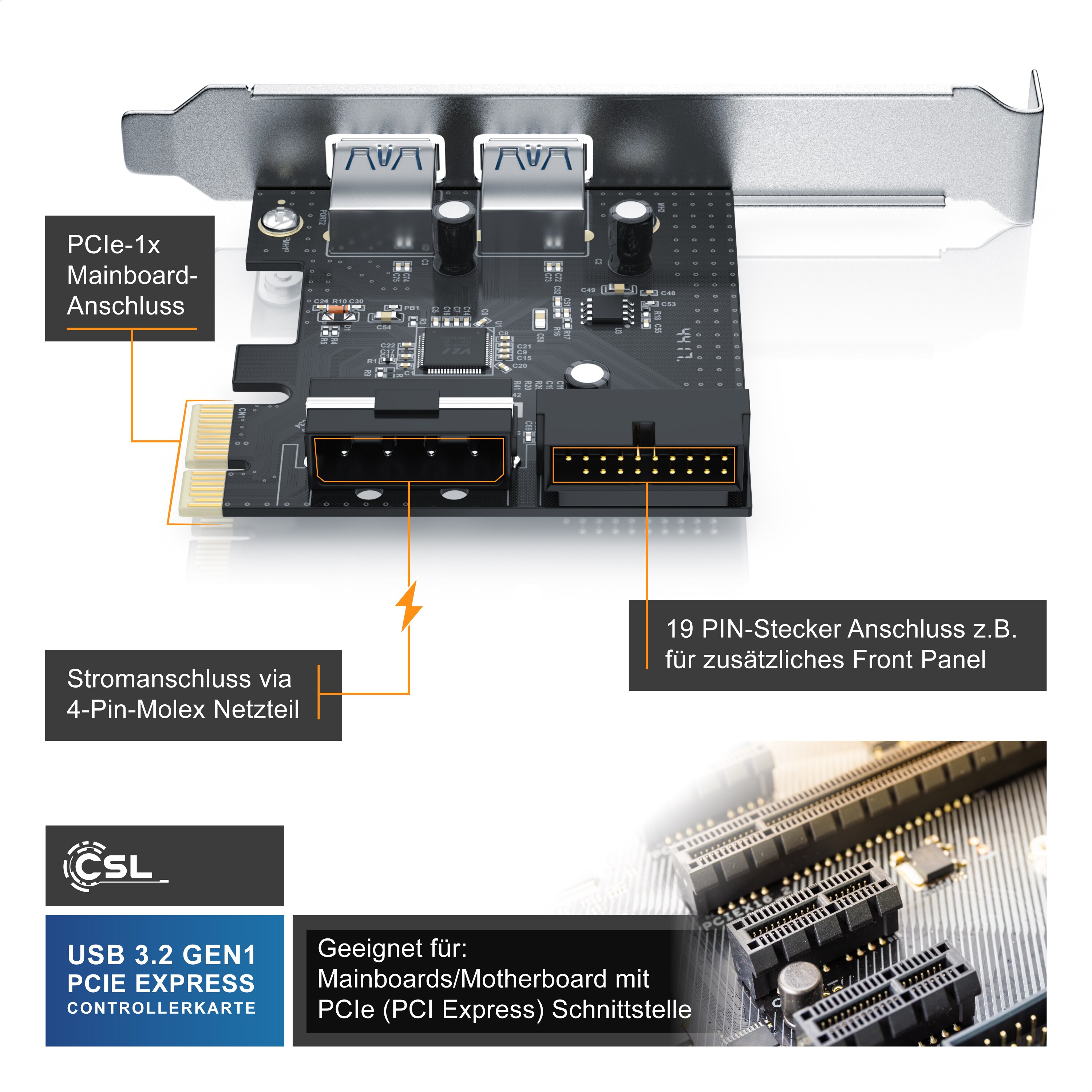 CSL USB-Adapter, 2 Port USB 3.2 Gen1 PCI Express Controllerkarte, 2 Schnittstellen