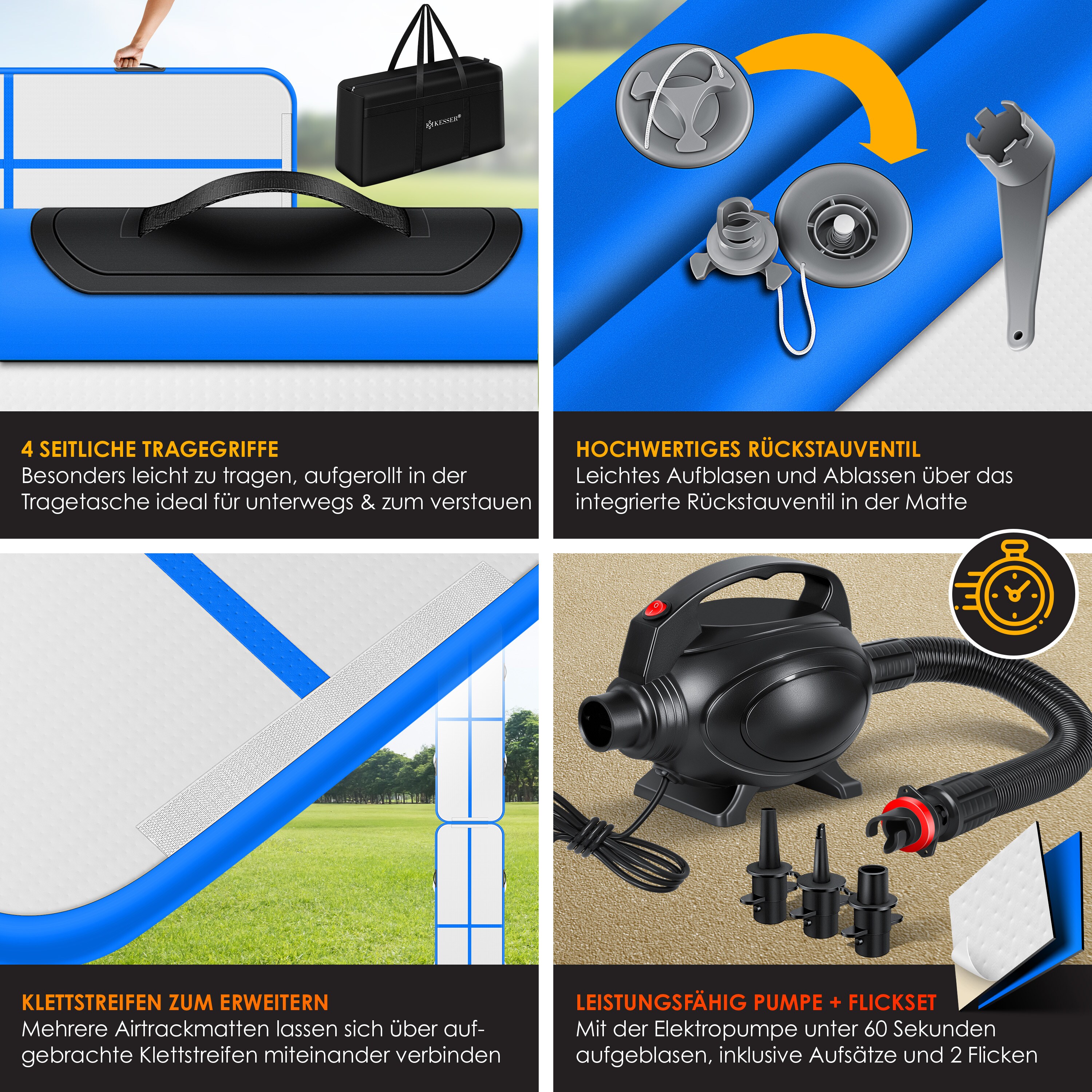 KESSER® Turnmatte Aufblasbar Airtrack Fitness-Matte Gymnastikmatte 3/4/5/6m | inkl. Tragetasche & elektr. Luftpumpe | Yogamatte, Tumbling Matten , Trainingsmatte Sportmatte Yoga, Turn- & Fitness