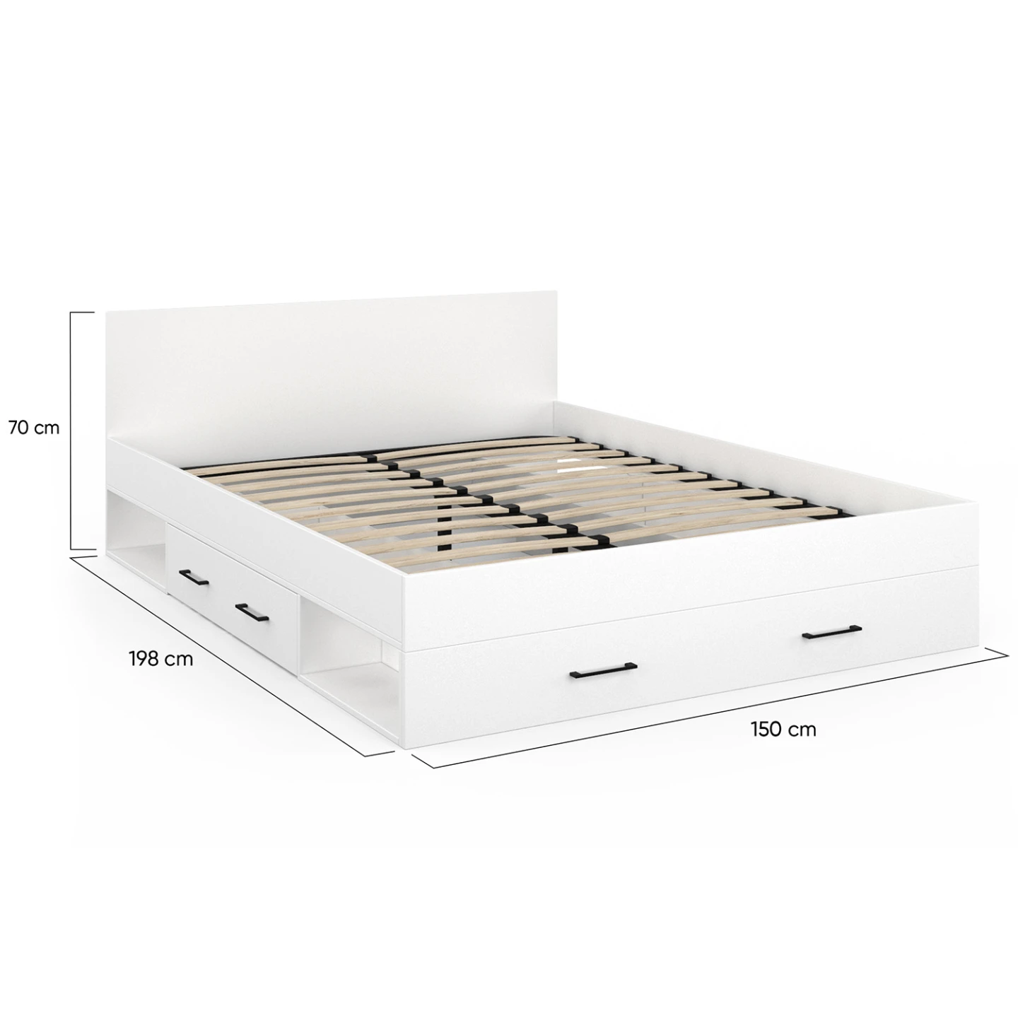 Lit double MINEA avec tiroirs + niches de rangement + tête de lit et sommier 140 x 190 cm blanc