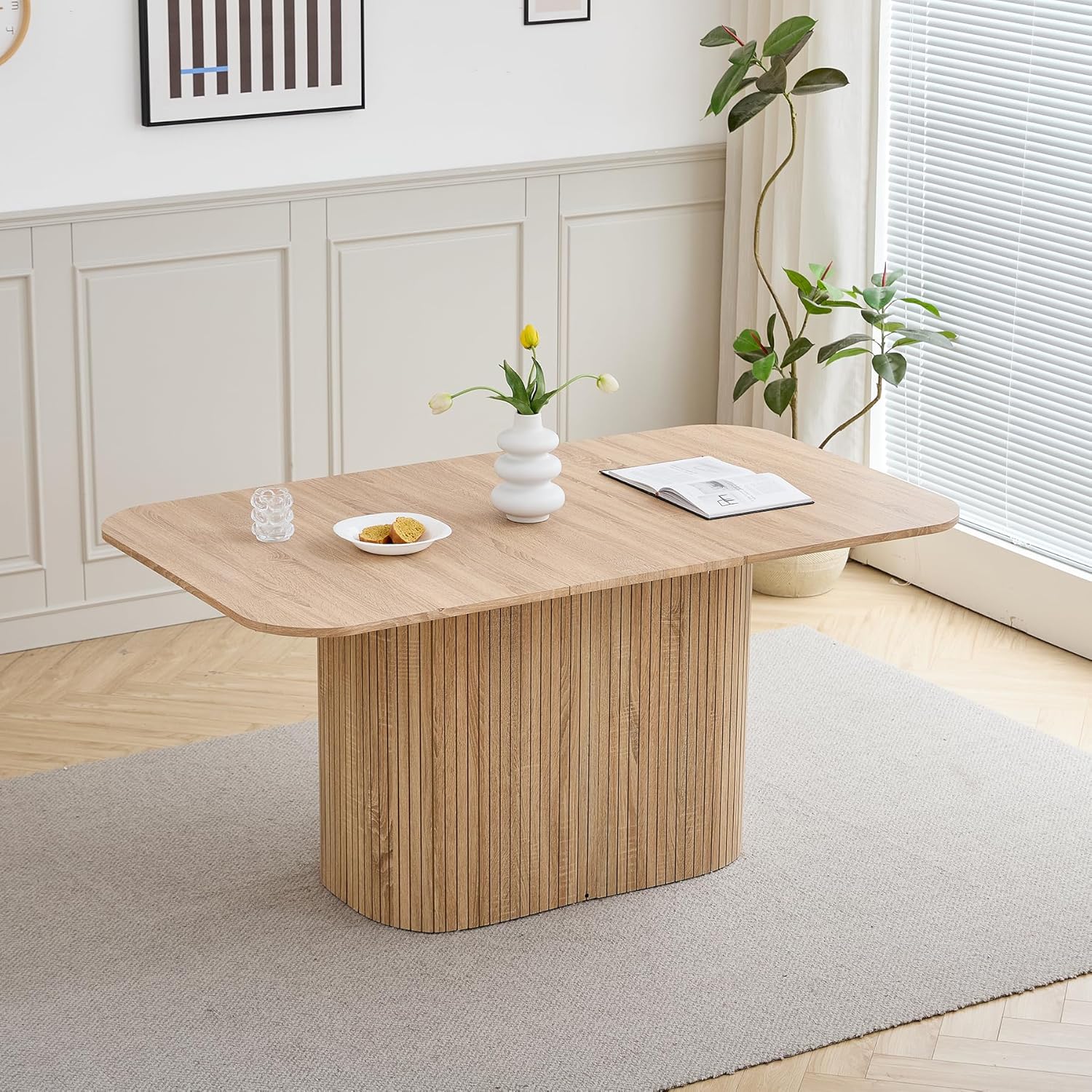 Moderner Esstisch für 4–6 Personen, 160cm Rechteckiger Küchentisch mit Schwerem Säulenfuß für Wohnzimmer, Küche, Wohnung (Natur)