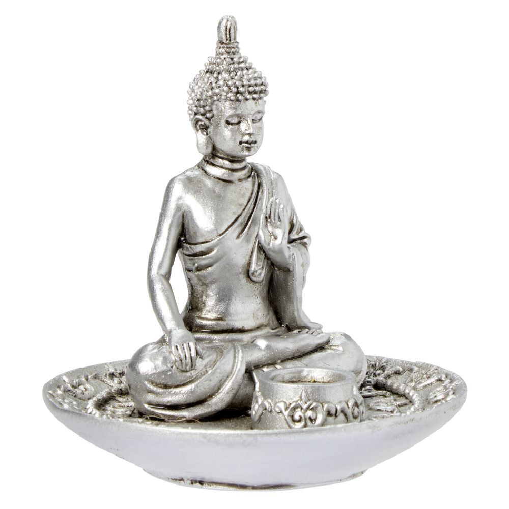 Support encens métal statue Bouddha argenté