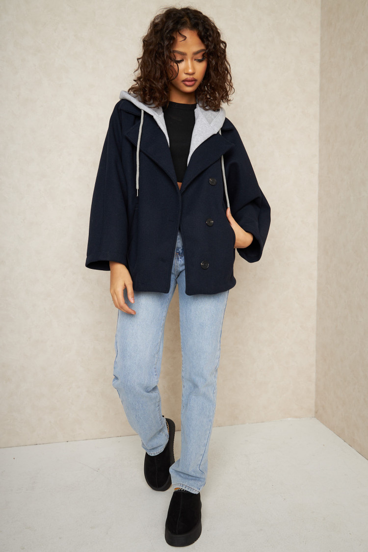 Veste à empiècement capuche bleu foncé et grise