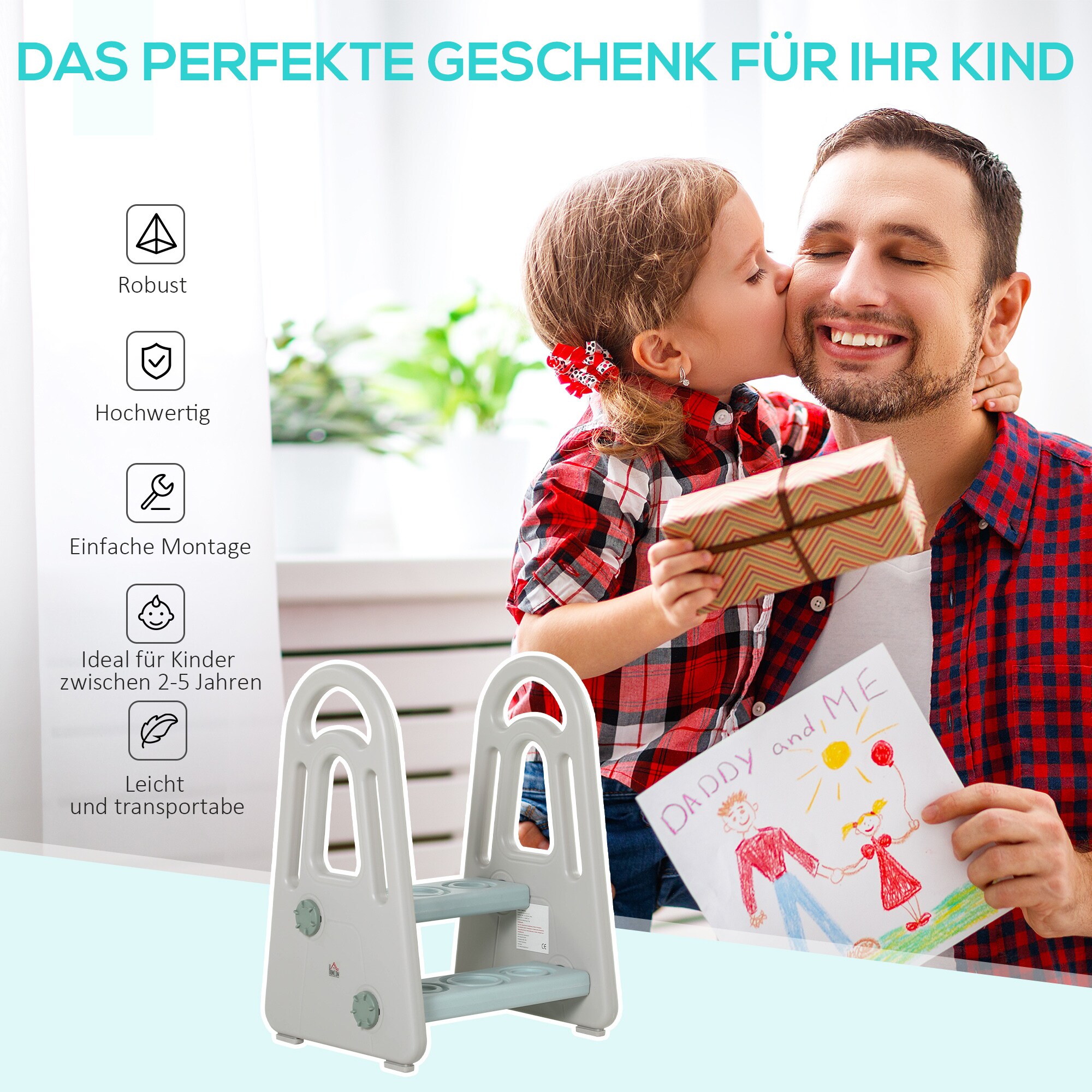 HOMCOM Kinder-Tritt mit rutschfesten Gummi-Füßen Blau, Grau 43,5 x 38,5 x 61 cm (LxBxH)