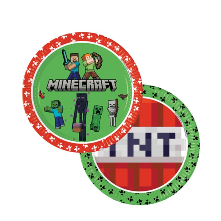 (8er Set) Ø23cm Einweg Teller Kinder Geburtstags Party Tisch Deko Lizenziert - Minecraft