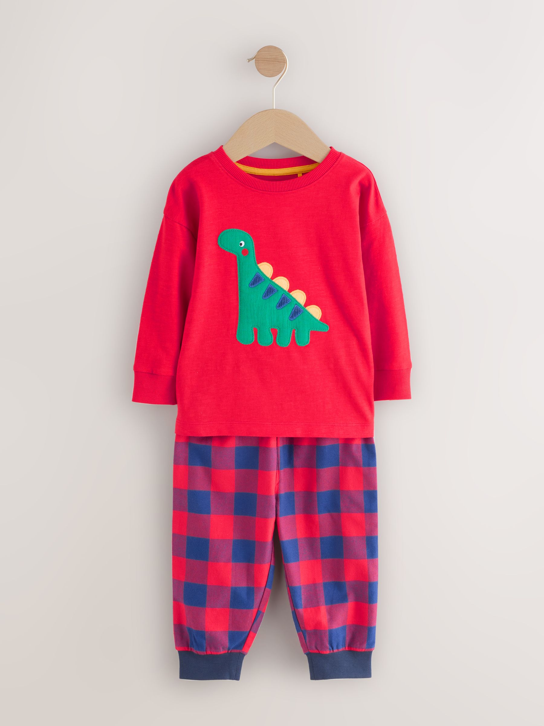 Rood/blauw/groen geruite dinosaurus - Pyjama met geweven onderkant 3 Pack (9mths-12yrs)