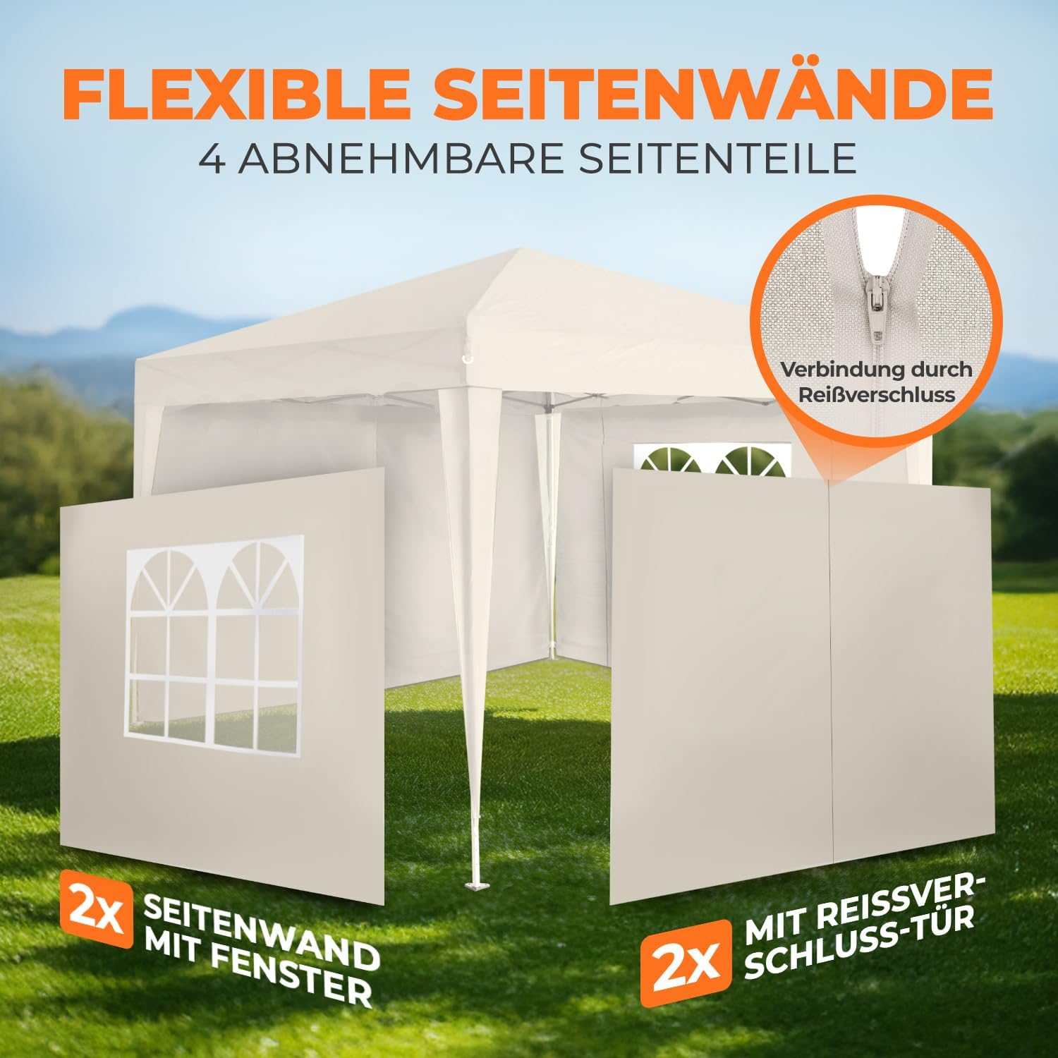 Kronenburg Faltpavillon wasserdicht Dachmaß 2 x 2 m UV Schutz 50+ Pavillon in Champagner mit 4 Seitenteilen