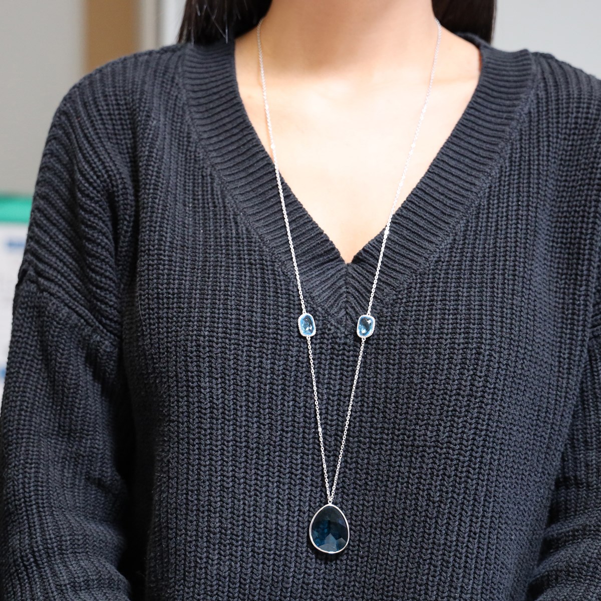 Collier Sautoir Argent Rhodie Gros Galet Bleu