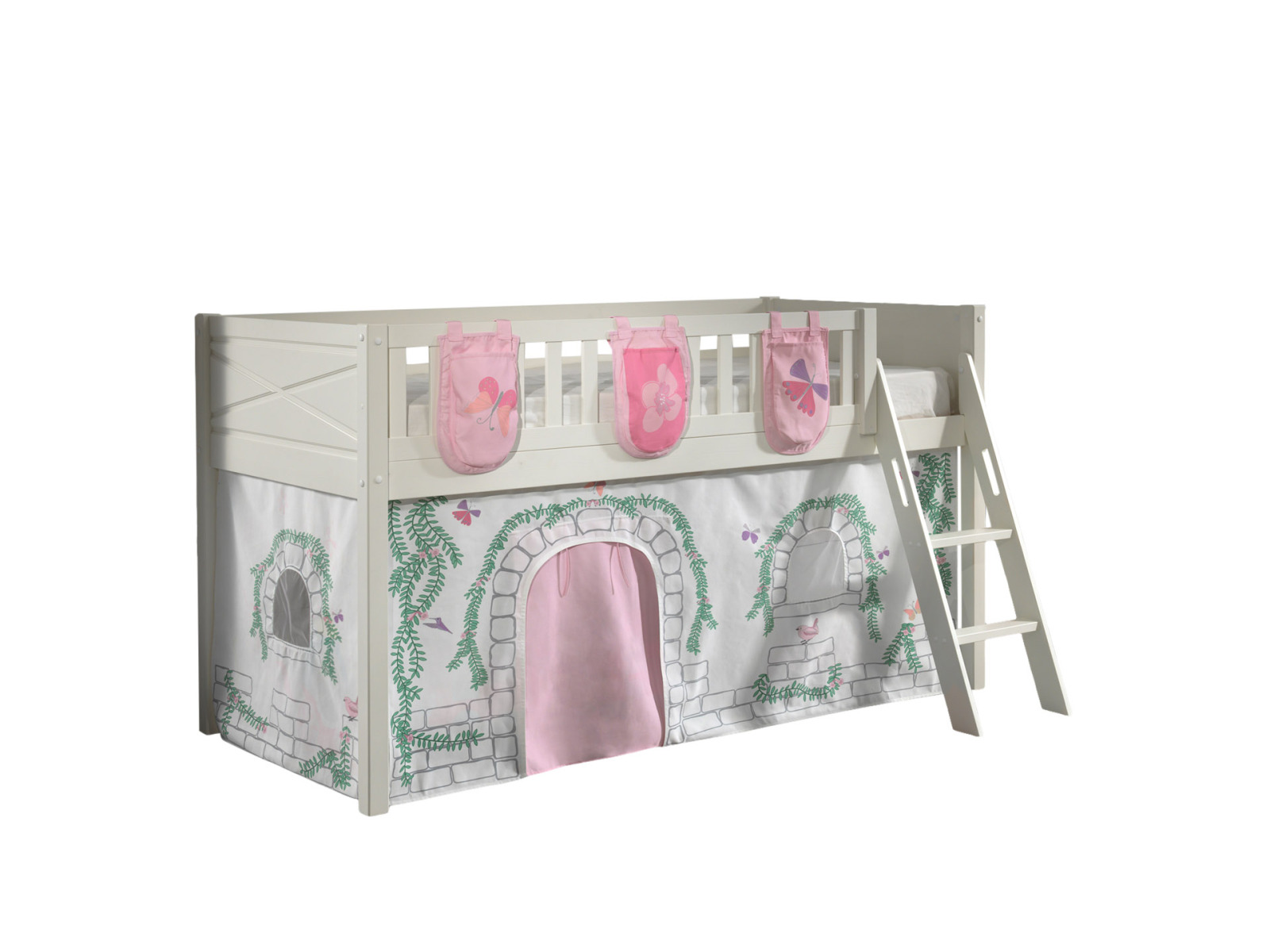 Spielbett SCOTT - weiß - Birdy - mit Vorhang, Leiter und Taschen - 90x200 cm