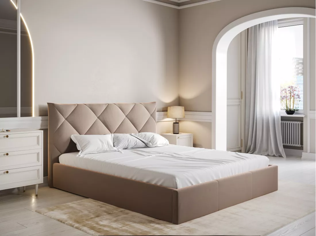 Lit coffre 160 x 200 cm - Velours - Beige + Matelas - STARI de Pascal Morabito