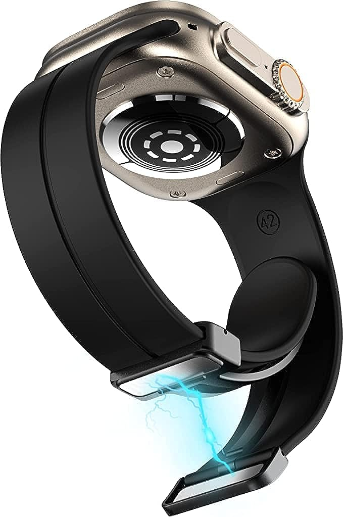 Apple Watch (49/46/45/44 mm) Ersatz Silikon Sport Armband mit magnetischer Faltschliesse (Gelenkumfang: 175-210mm) - Schwarz
