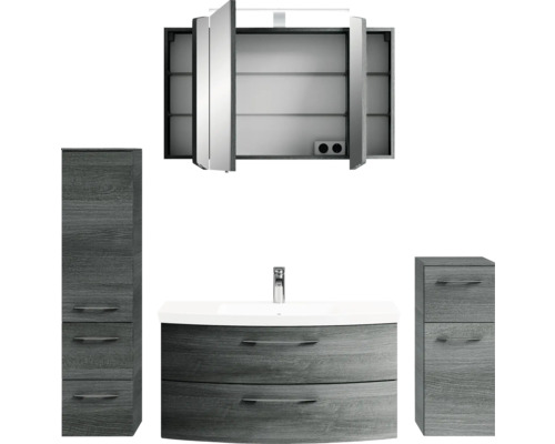 Pelipal Sunline 104 badkamermeubelset (B x H x D 161 x 200 x 50,5 cm), grafiet getextureerde fronten, 5-delige set bestaande uit witte mineraalstenen wastafel, badmeubel en spiegelkast met LED-verlichting.
