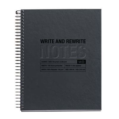 Notebook ECO DESIGN, Just Black, carton recyclé, A5, quadrillage 5x5 mm, 120 feuilles de 4 couleurs, Miquelrius, Noir.