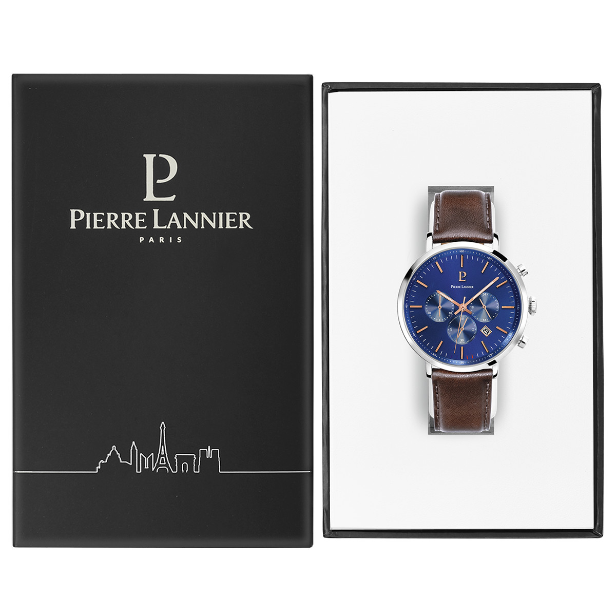 Montre Pierre Lannier homme acier bracelet cuir brun