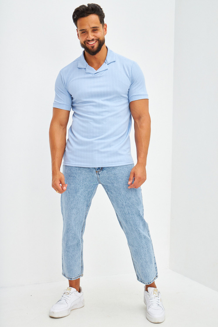 Polo col à rabats motifs chevrons bleu ciel