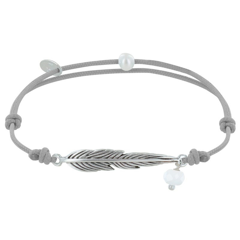 Bracelet Lien Plume Laiton Argenté et Perle Facettée - Gris clair