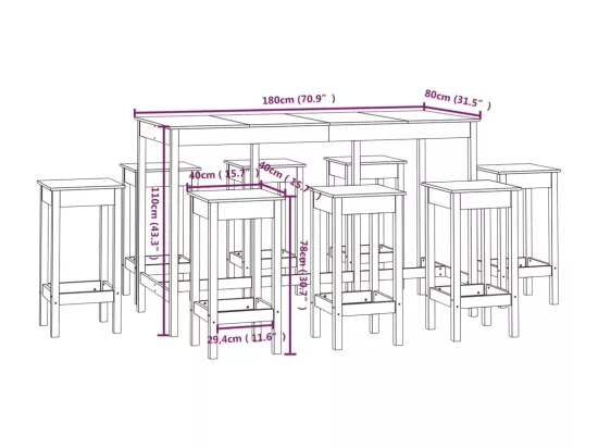 Ensemble de bar 9 pcs Blanc Bois de pin massif