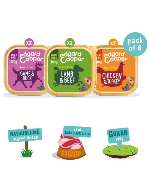 Edgard&Cooper Kuipjes Multipack Adult Chicken Game Lamb - Hondenvoer - Kip Wild Lam 6x100 g
