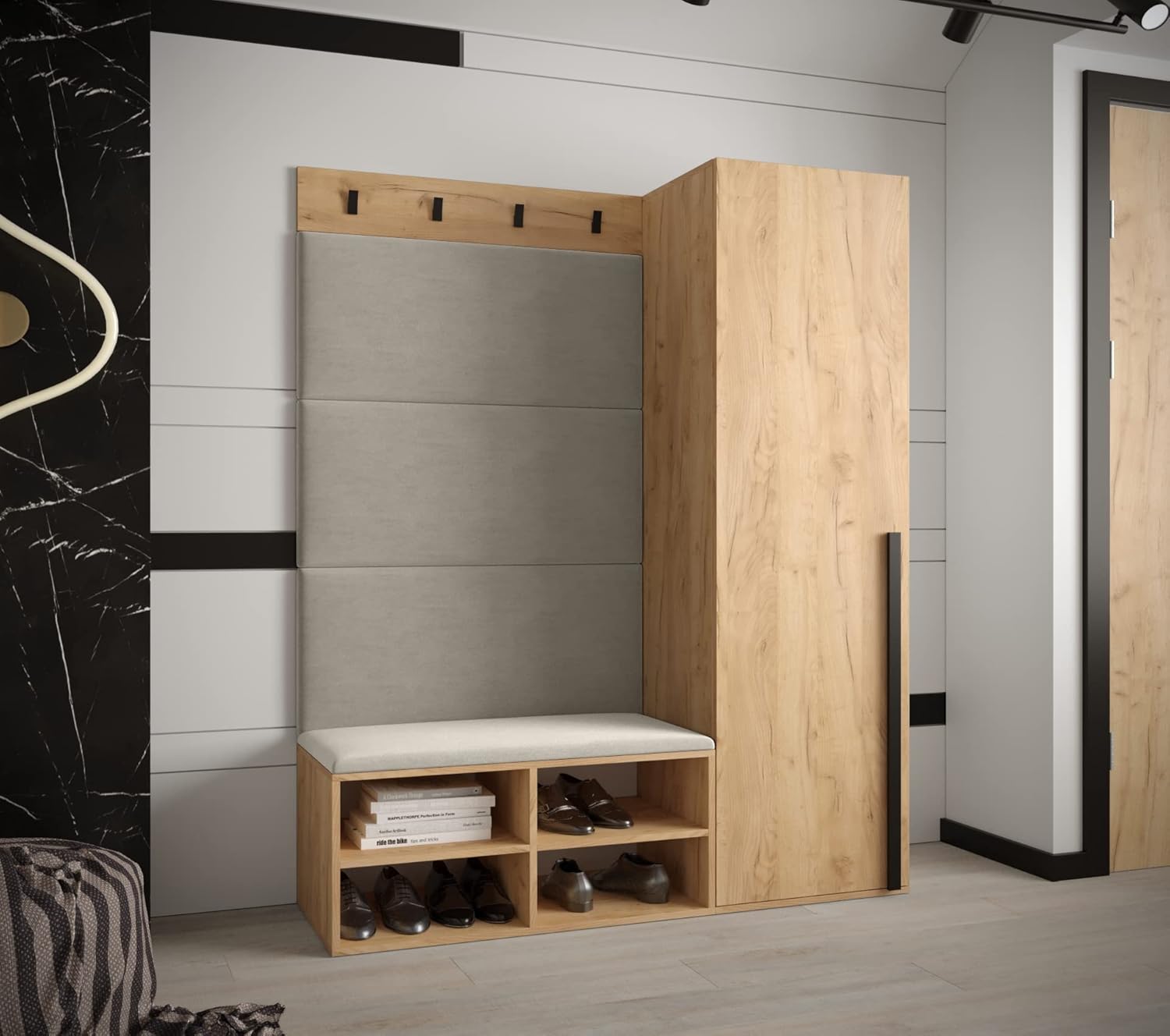 MEBLE KRYSPOL Garderobe MIRO Set 6 mit gepolsterten Paneelen Modern Design (Manila 02 (Creme), Eiche Kraft Gold + Schwarz Matt)