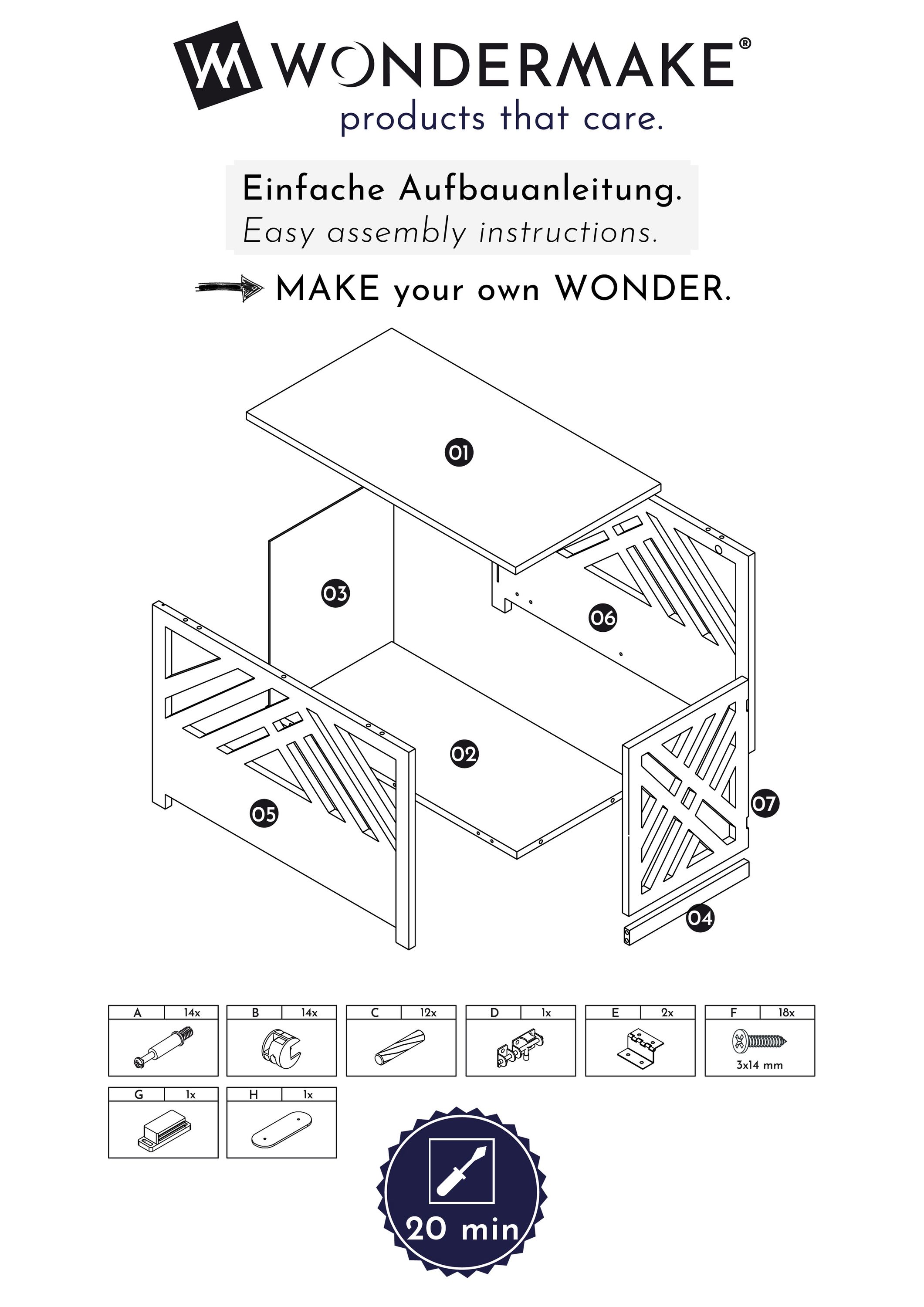 WONDERMAKE® Design Hundekäfig aus Holz für Zuhause Wohnung mit Beistelltisch, Hundebox fürs Wohnzimmer Indoor, 90x60 cm weiß