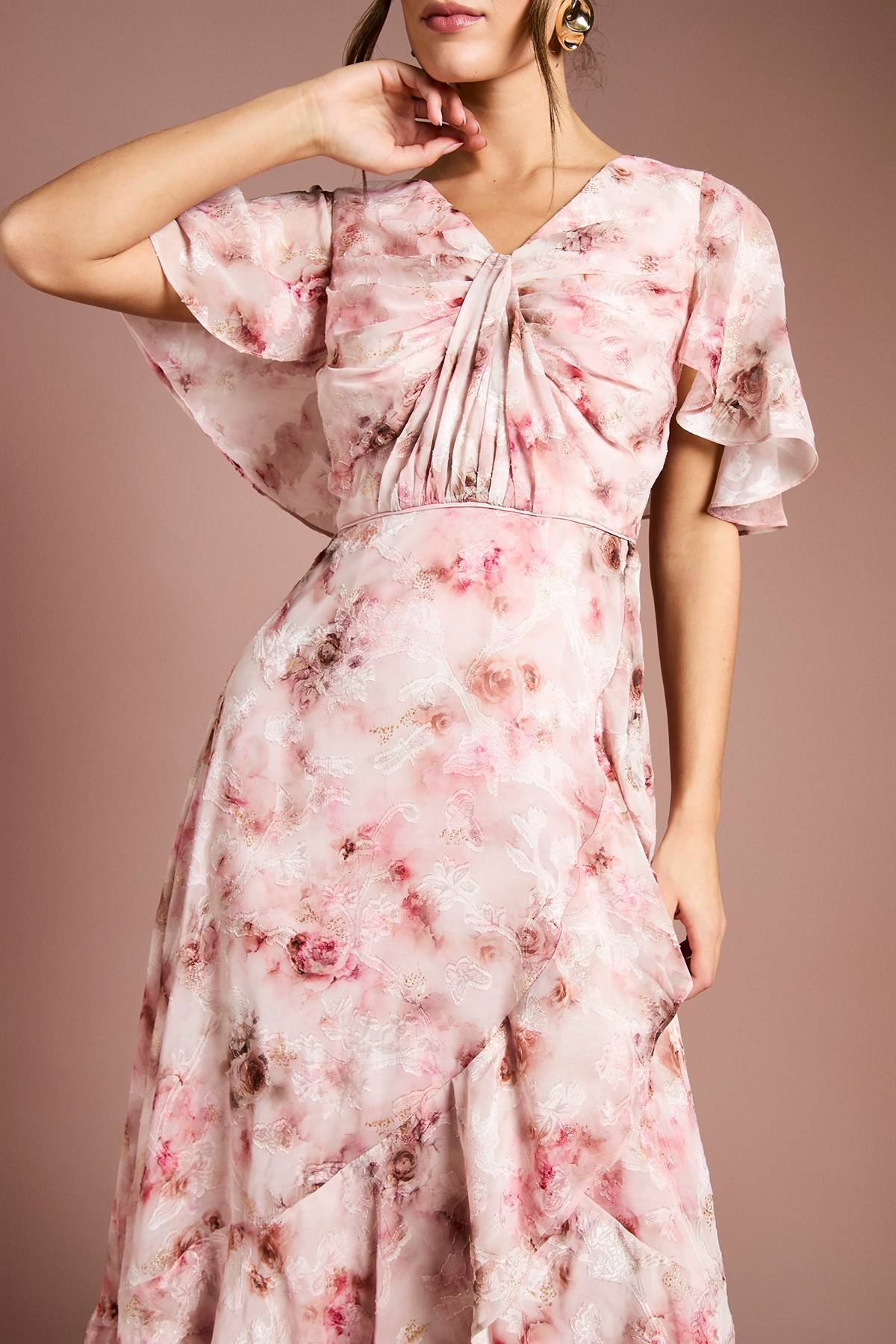 Coast Robe Mi-Longue à Devant Torsadé en Satin Jacquard Imprimé