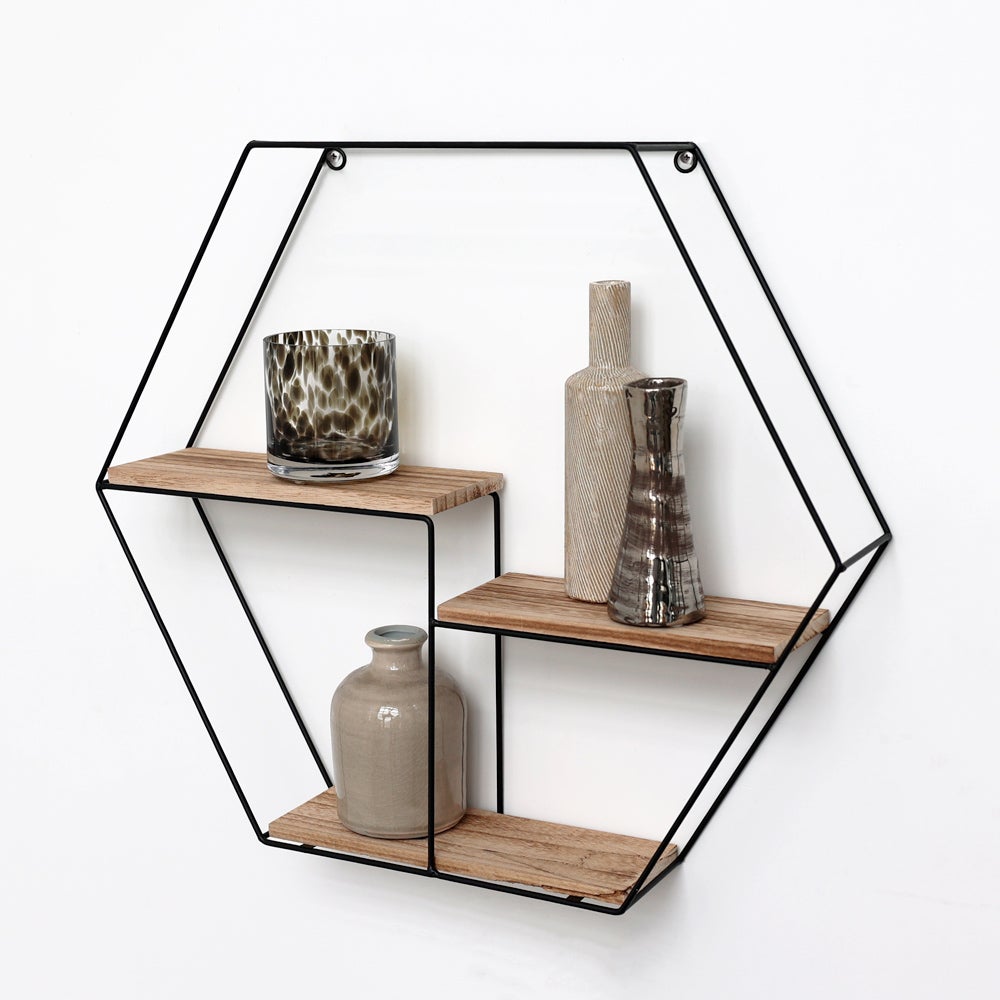 Zwarte metalen wandplank met 3 planken - Hexagon - 48x55x10 cm