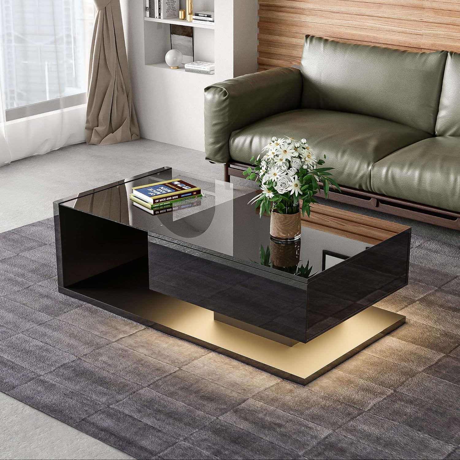 Merax Wohnzimmertisch, LED Couchtisch mit Schubladen, Hochglanz Kaffeetisch mit Stauraum, Modern Coffee Table, 105L x 55B x 32,5H cm, Schwarz