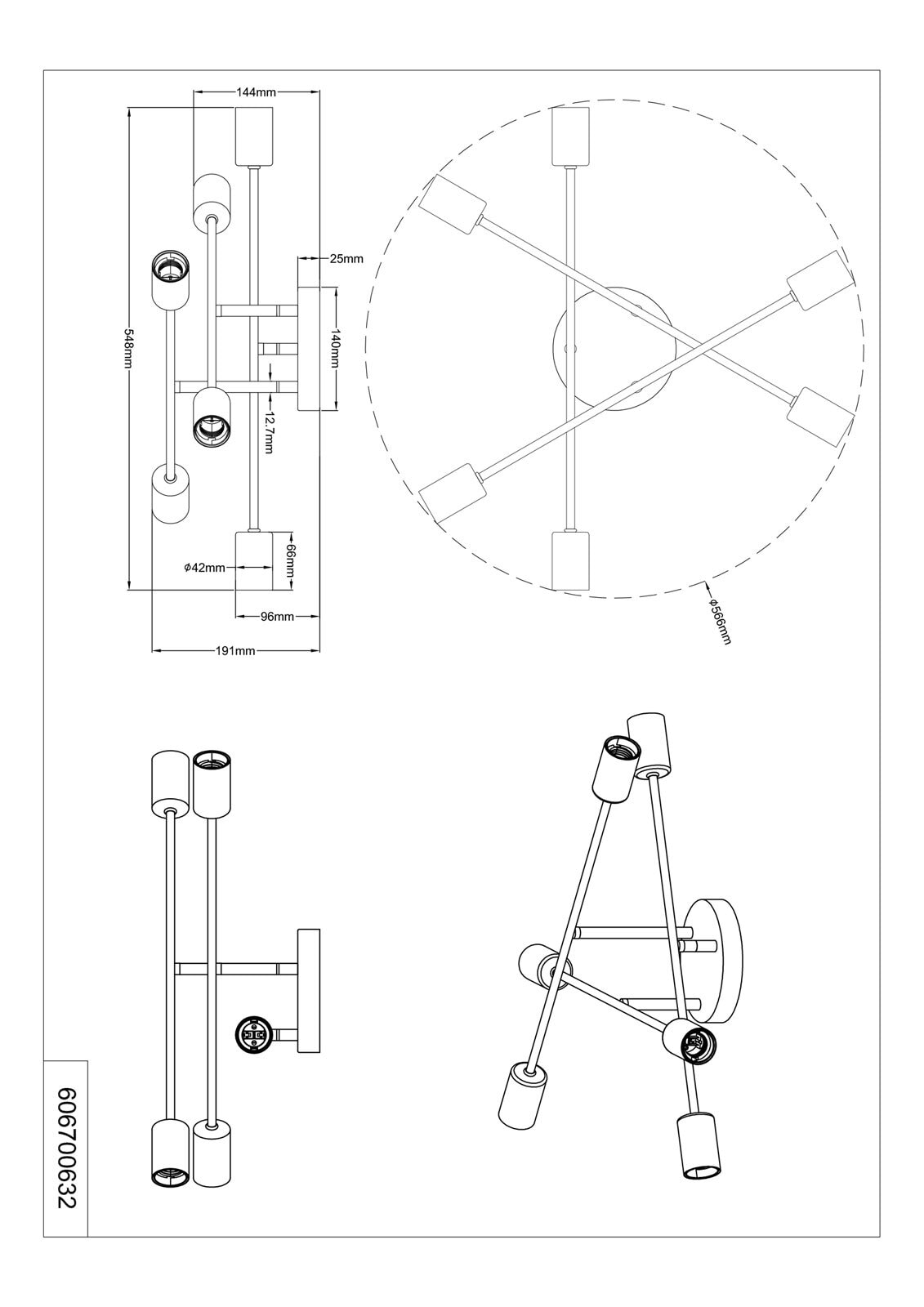 Cross Deckenleuchte schwarz 606700632, D/H: 56,6/19,1 cm, Metall
