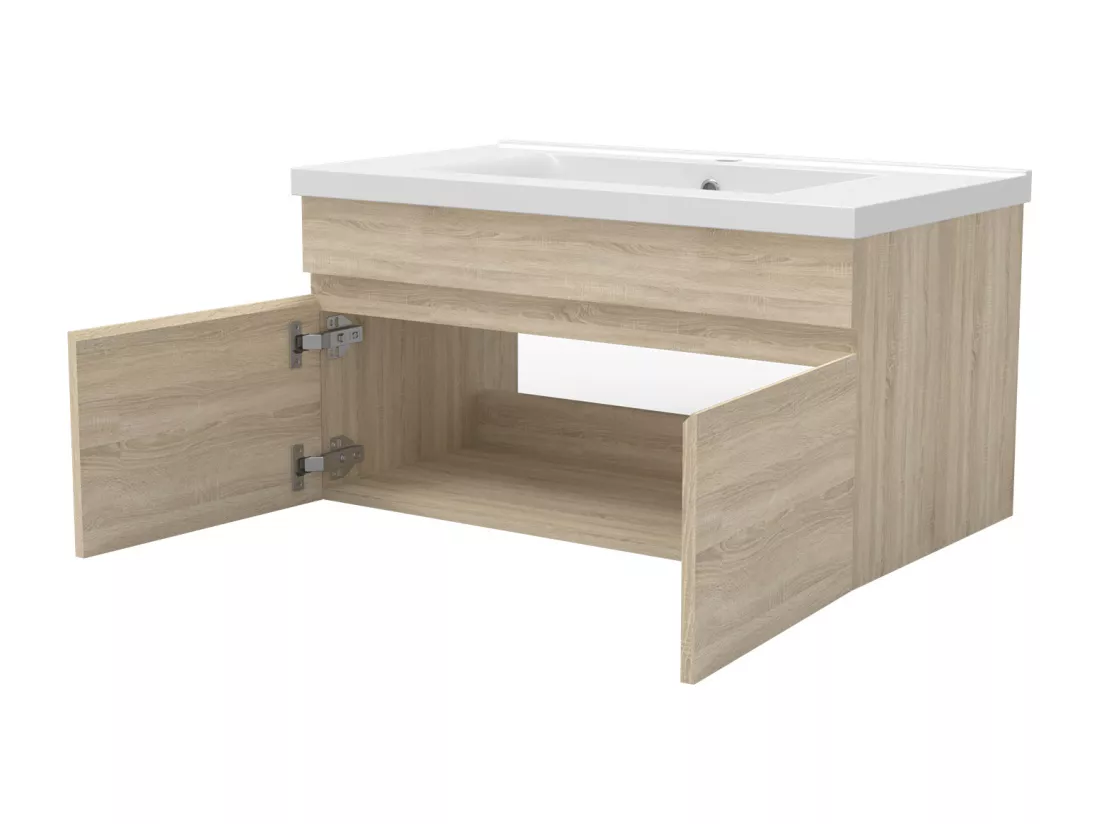 Meuble simple vasque chêne wotan 60cm avec colonne + miroir lumineux 3 couleurs + dimmable