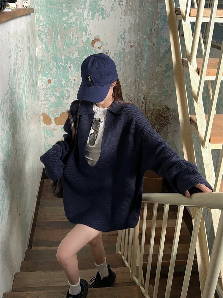 satierra - Oversized trui met kraag, effen kleur / Hotpants met hoge taille / T-shirt met ronde hals en 3/4 mouwen