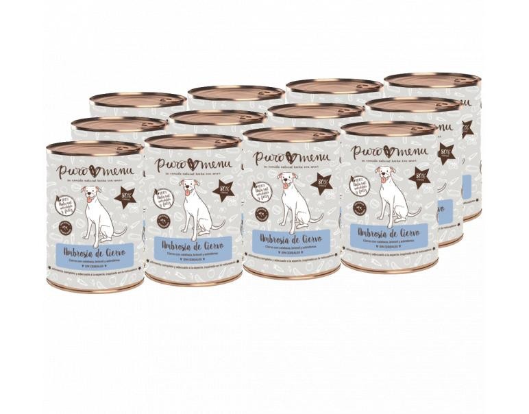 Pacote com 12 latas de ração úmida Puromenu para cães, sabor veado.