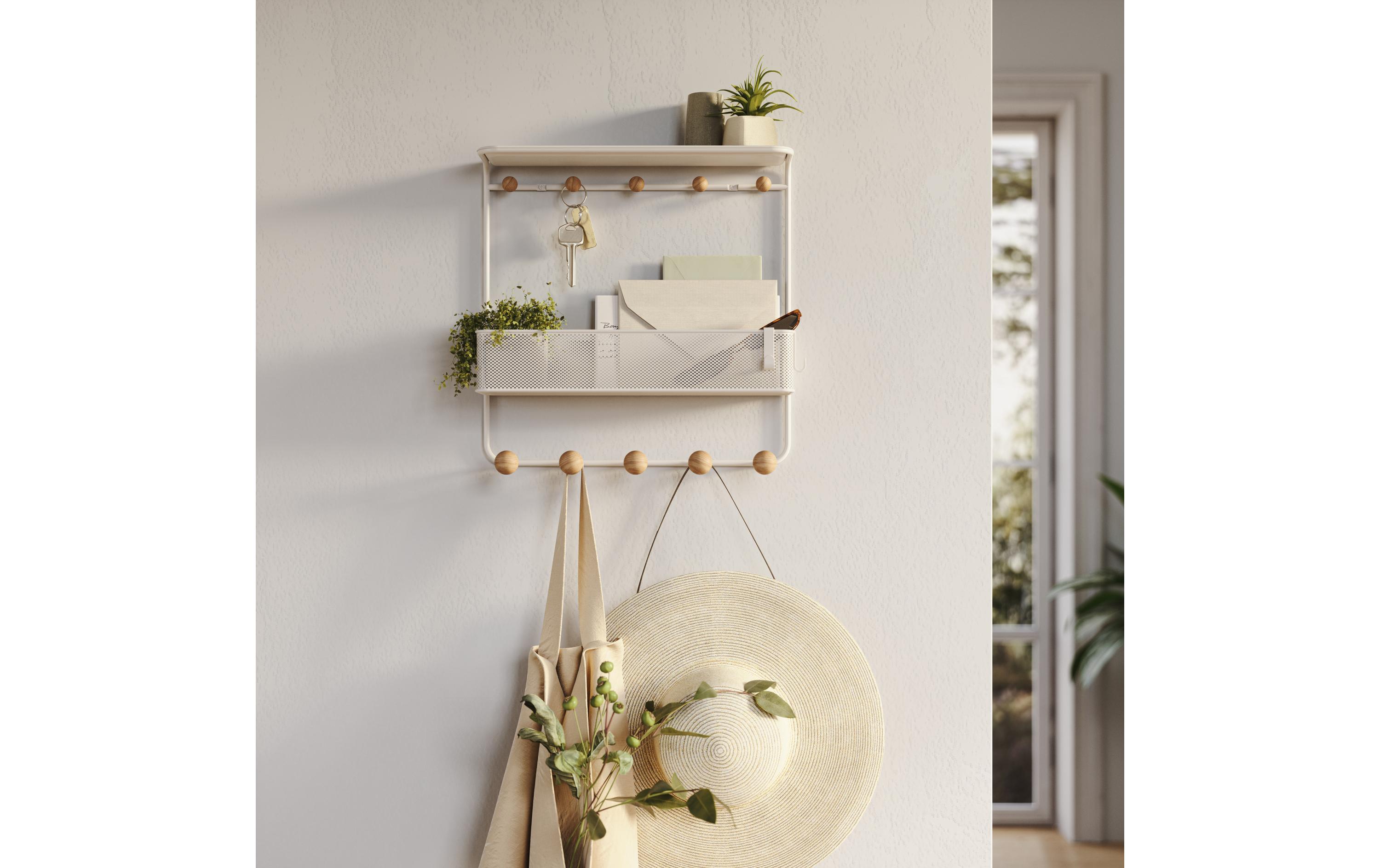 Wandgarderobe Estique 10 Haken, WeissWandgarderobe aus Stahl und Holz