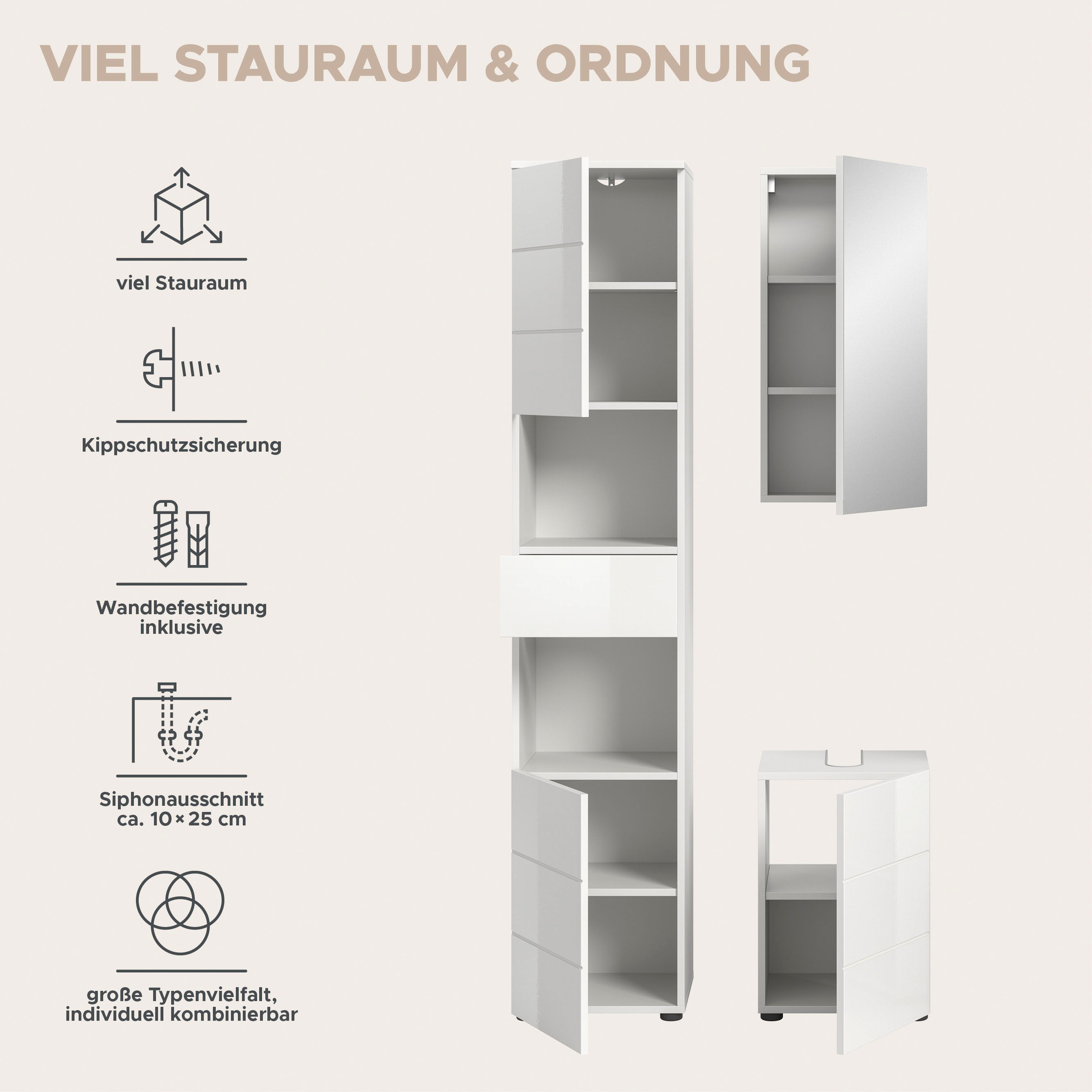 welltime Badmöbel-Set »Biel, Höhe 190 cm, Hochschrank, Unterschrank, Spiegelschrank« 3 Stk. tlg.