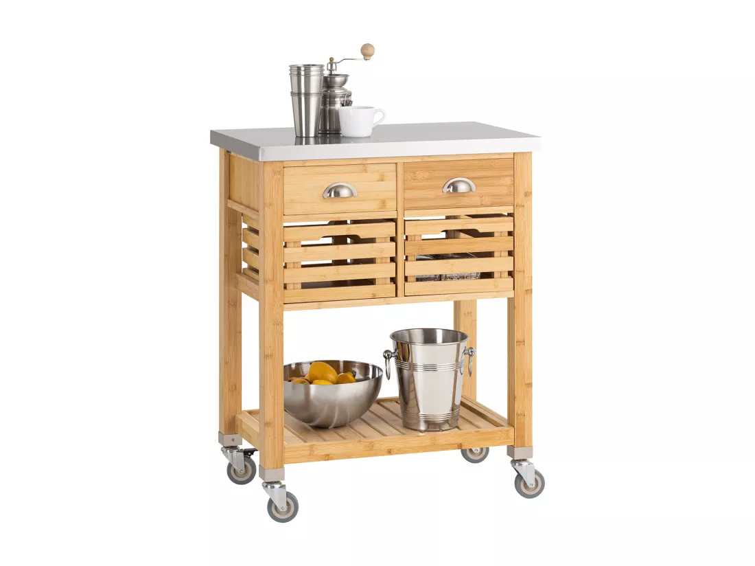 Desserte Sur Roulettes Armoire De Rangement En Bambou Plan De Travailen En Acier Inox, Fkw40-n