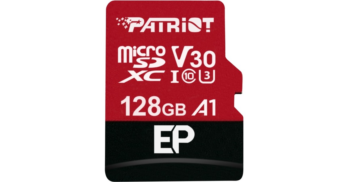 PatriotEP Series microSDXC 128 GB geheugenkaart  (Zwart/rood, UHS-I U3, Class 10, V30, A1, Incl. SD Adapter)