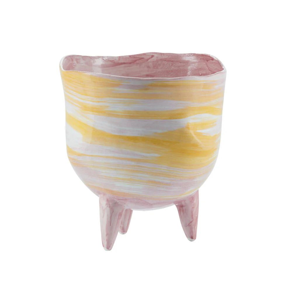 Bahne Interior  Stribet urtepotte på fødder, gul/rosa/hvid - H22.5 cm