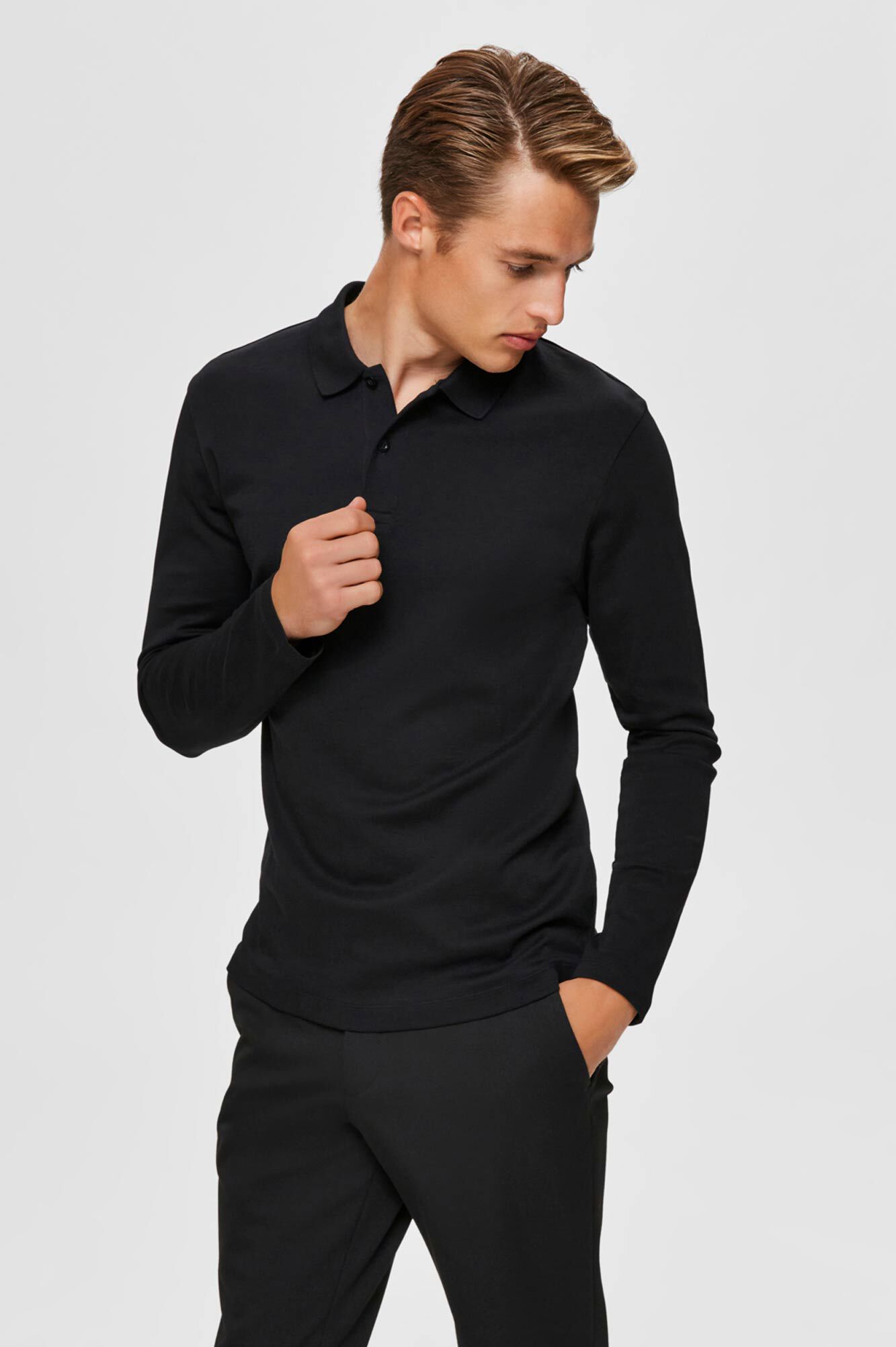Camisa polo de manga comprida em algodão orgânico - Preta