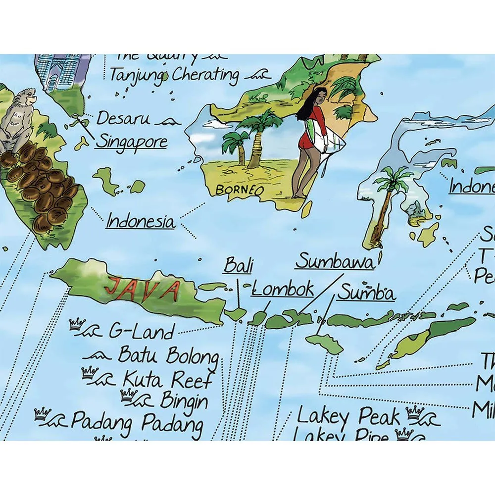 Mapa incrível da Surftrip: Melhores praias de surf do mundo - Edição original colorida.