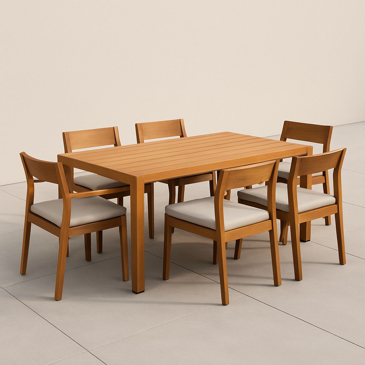 6-teilige Essgruppe aus Holz mit Polsterstühlen