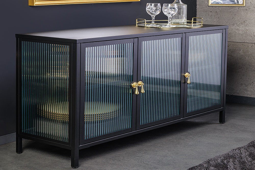 riess-ambiente Sideboard AMSTERDAM - 105cm greige gold Riffelglas Metall Vitrine Schrank Modern