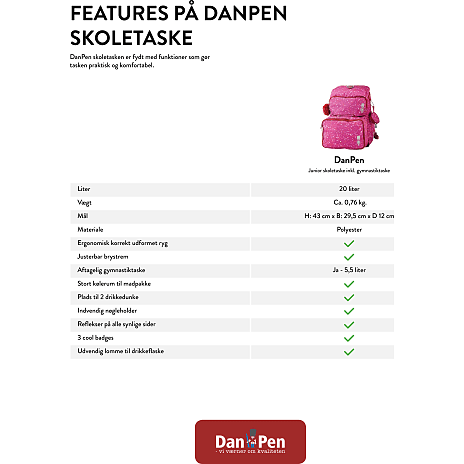 Danpen skoletaske - lyserød med hjerter