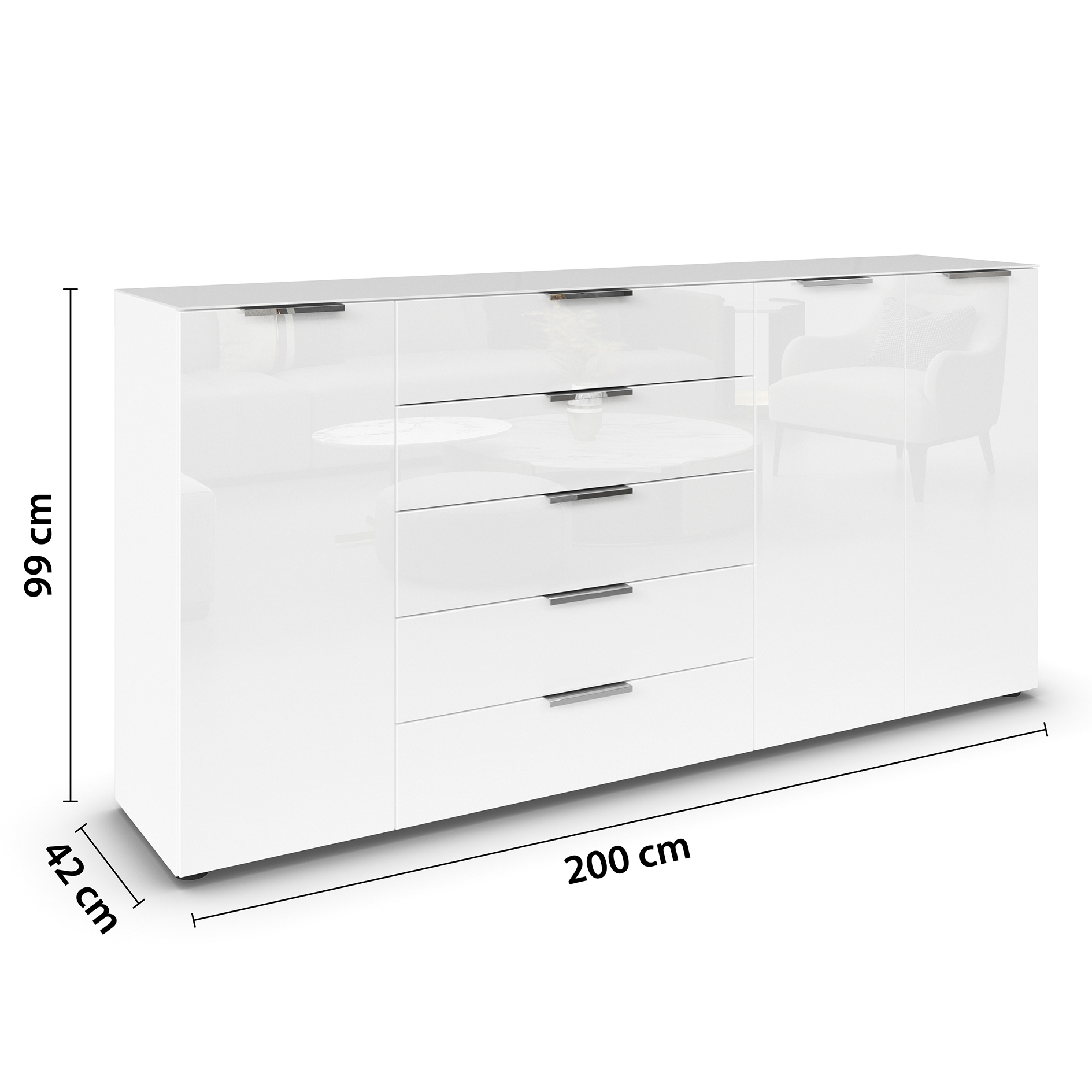 Kommode - alpinweiß-Kristallweißglas - Chromgriffe - 199 cm