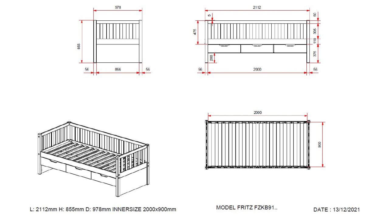 Kajuitbed Fritz met 3 laden en slaaplade naturel
