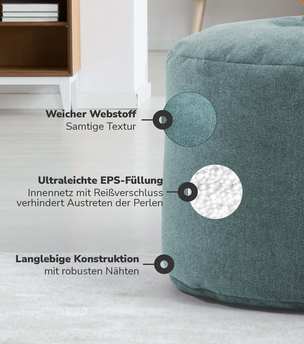 mokebo mini poef of kruk 'The Resting Pouf', bijzettafel, zitkruk of voetenbank in petrol
